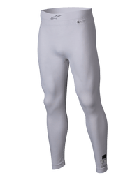 Alpinestars ZX Evo V3 Bottom, White Auto Racing Base Layer, Flame-resistant compression leggings, featuring Alpinestars logo on the elastic waistband and certification labels, lightweight stretchy fabric for motorsport performance