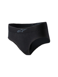 Alpinestars Stella TECH ZX Briefs, Women's Racing Underwear, Black, featuring a small gray Alpinestars logo on the waistband, lightweight flame-resistant knit material, FIA 8856-2018 certified base layer