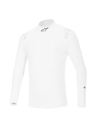 Alpinestars ZX Evo V3 Long Sleeve Top, White auto racing base layer, flame-resistant design with a black star logo on the collar and faint white logos on the shoulders, professional motorsport gear.