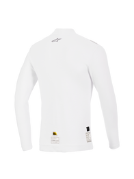 Alpinestars ZX Evo V3 Long Sleeve Top, White, Back View, Flame-resistant auto racing base layer featuring a small grey Alpinestars logo on the upper back and certification labels at the hem, performance fit with soft texture