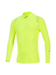 Alpinestars ZX Evo V3 Top, Long Sleeve Base Layer, Yellow Fluo, featuring a high collar with black logo, star graphics on shoulders, and FIA/SFI certification labels on the sleeve, technical flame-resistant motorsport underwear.