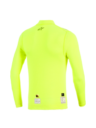 Alpinestars ZX Evo V3 Long Sleeve Top, Back View, Yellow Fluo, fluorescent yellow flame-resistant base layer with black star logo on upper back and certification labels at the hem, technical motorsport apparel