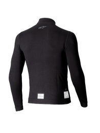 Alpinestars ZX Evo V3 Long Sleeve Top, Black Auto Racing Base Layer, back view featuring a small gray logo on the neck and white FIA/SFI certification labels at the bottom hem, lightweight flame-resistant design.