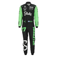 Back view of Valtteri Bottas’s black and green 2024 Stake Kick Sauber F1 race suit – Dash Racegear.