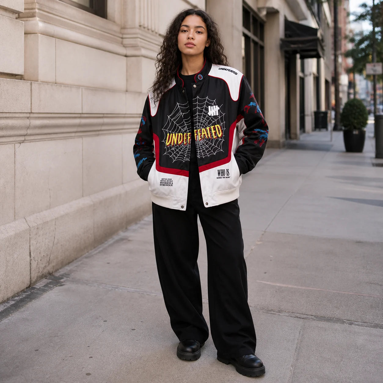 Adult woman styling the Dash Racegear Undefeated x Spider-Man black white and red varsity jacket on a city street
