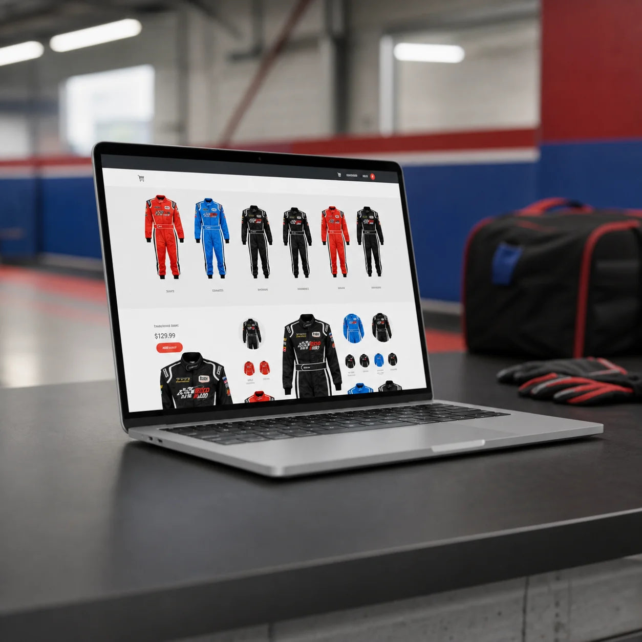 Laptop showing karting race suits on a modern indoor kart paddock ordering counter
