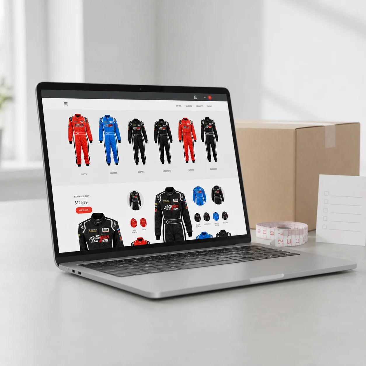 Online youth karting suit shopping screen beside a parcel measuring tape and order checklist