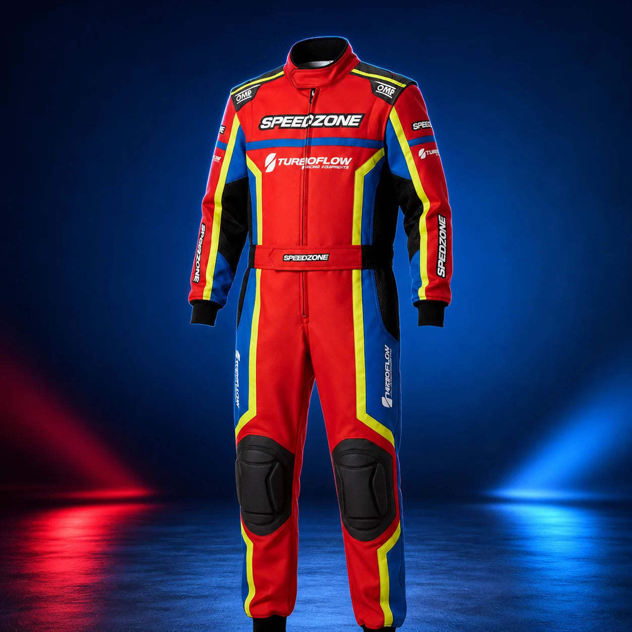 Youth karting race suit on a blue and red studio background showing colour blocking and knee padding