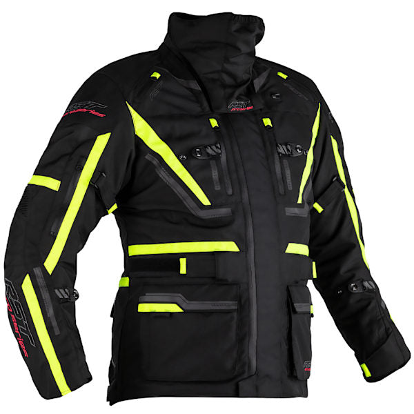 RST Paragon 6 black and fluorescent yellow CE textile motorcycle jacket for changeable August touring.