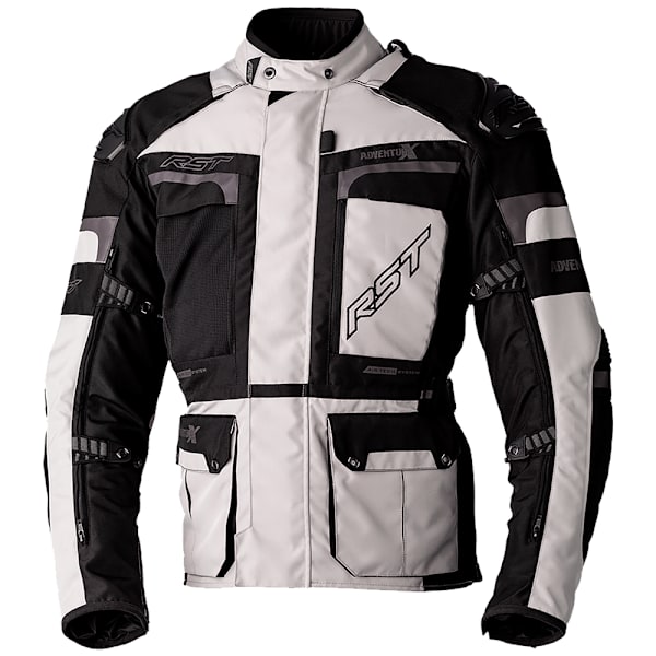 RST Adventure-X silver and black CE textile motorcycle jacket for changeable August touring.