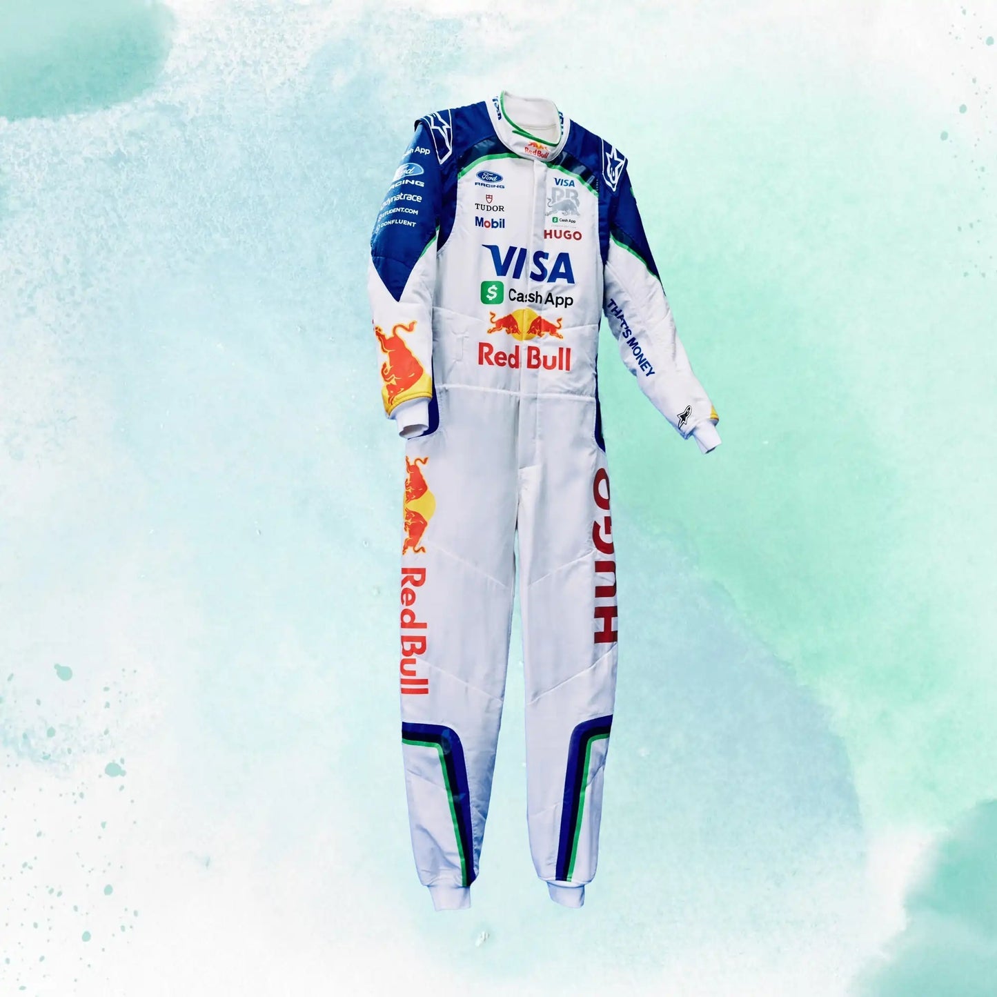 Liam Lawson 2026 F1 inspired race suit in white blue and green Racing Bulls style