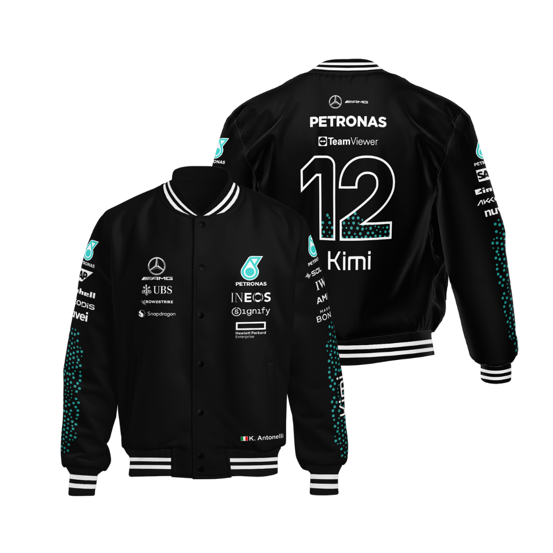 Kimi Antonelli Mercedes F1 vintage racing jacket in black with number 12 styling
