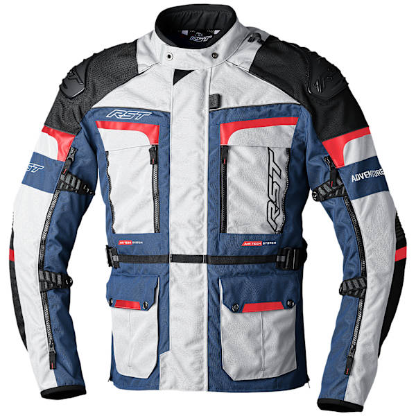 RST Pro Series Adventure-X CE Textile Jacket in silver blue and red for touring riders