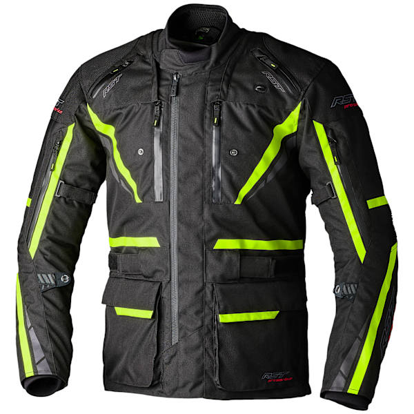 RST Paragon 7 black and fluorescent yellow CE textile motorcycle jacket for August touring