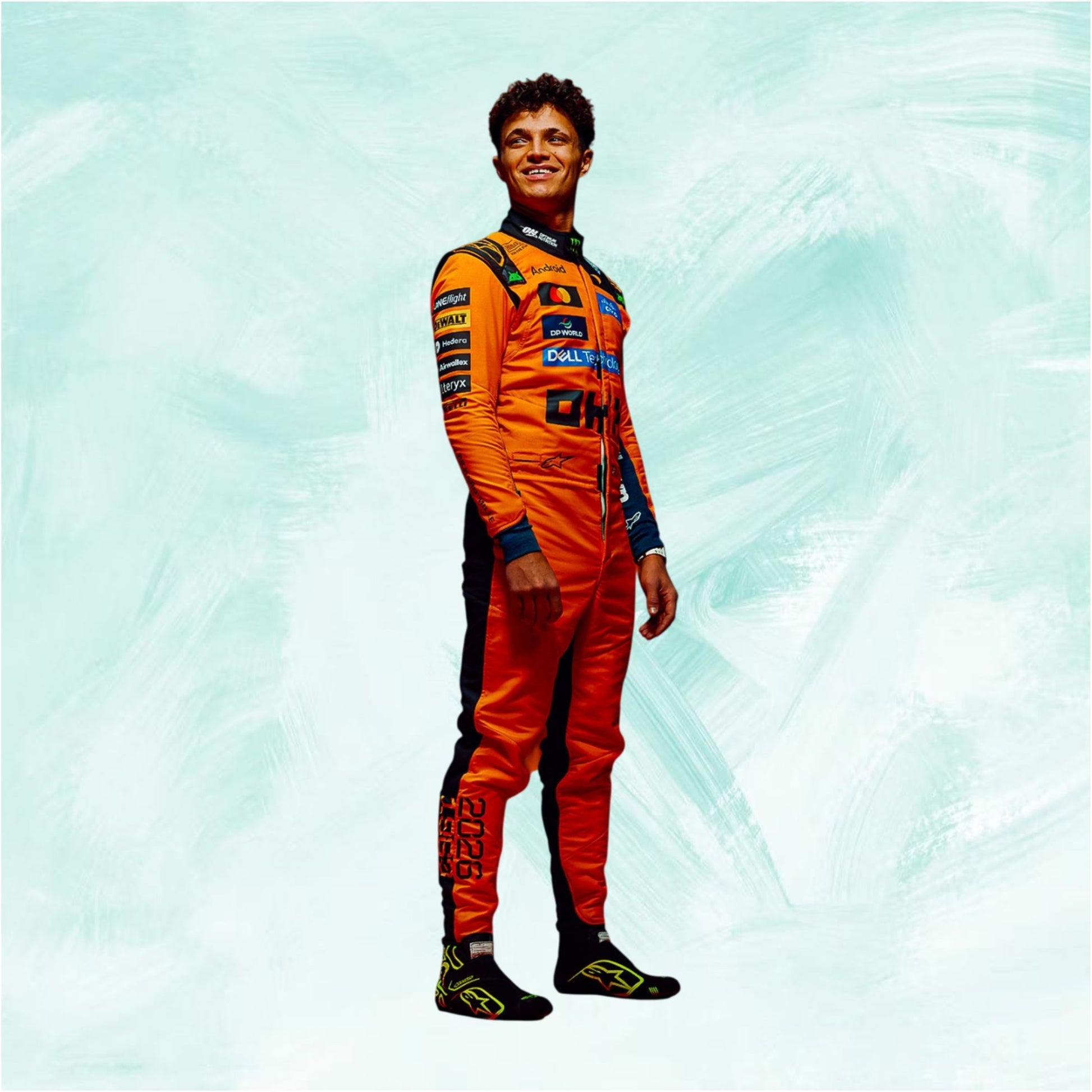 Lando Norris 2026 McLaren F1 inspired race suit in papaya orange for kids and adult fans