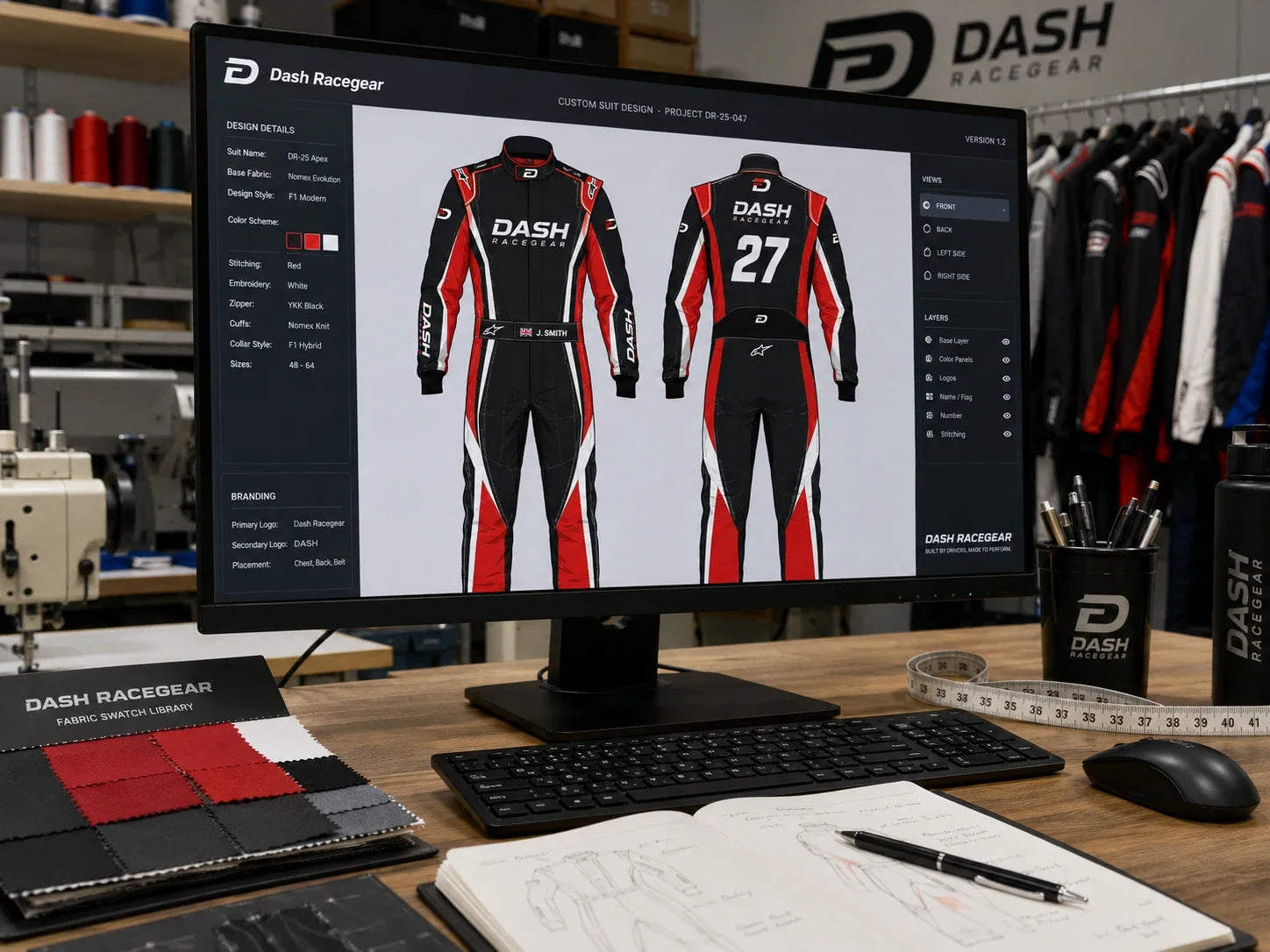 Custom F1-inspired race suit artwork displayed on a computer at the Dash Racegear design workshop
