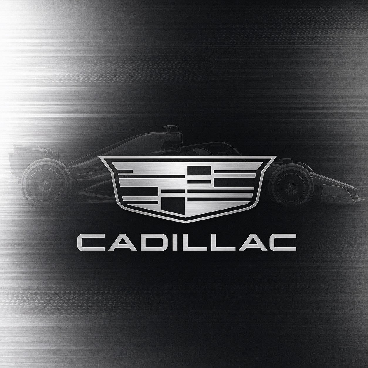  Cadillac team logo centered over a watermarked Formula racing car on a black, grey and silver background.