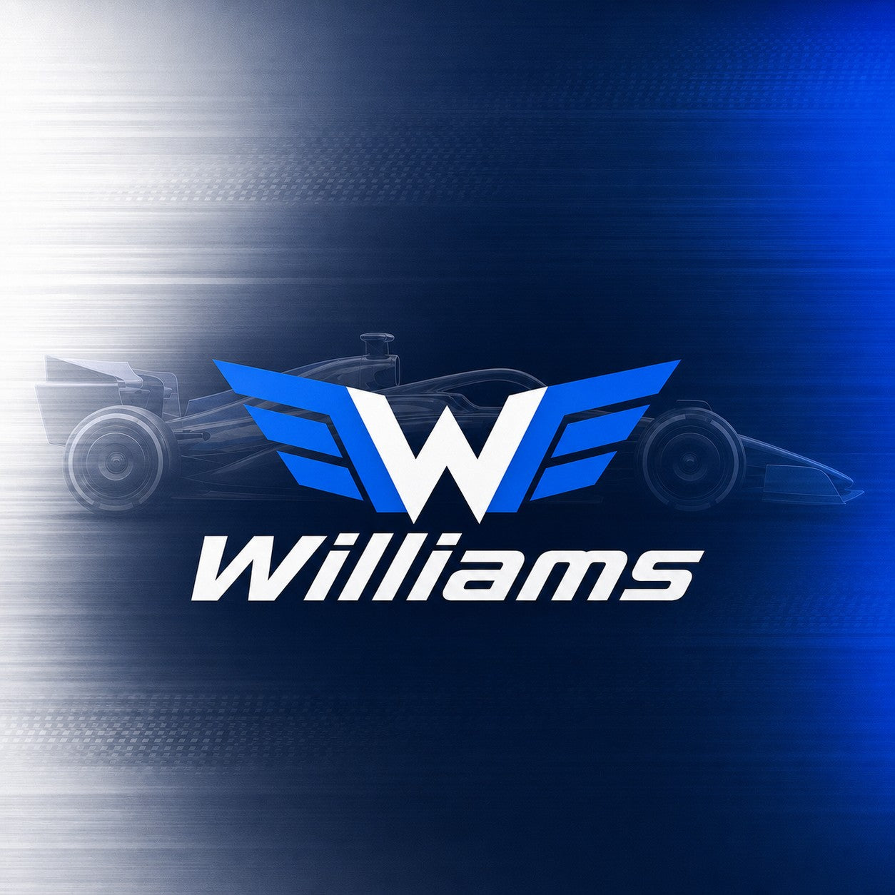 Williams team logo centered over a watermarked Formula racing car on a blue and white background.