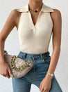 Summer V - Neck Ribbed Knit Crop Top - Sleeveless Turndown Collar in 10 Colors - Beige - 42275247685701