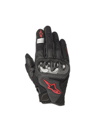 Alpinestars SMX-1 Air V2 Gloves, black and red fluo motorcycle road gloves with leather mesh and hard knuckle protection.