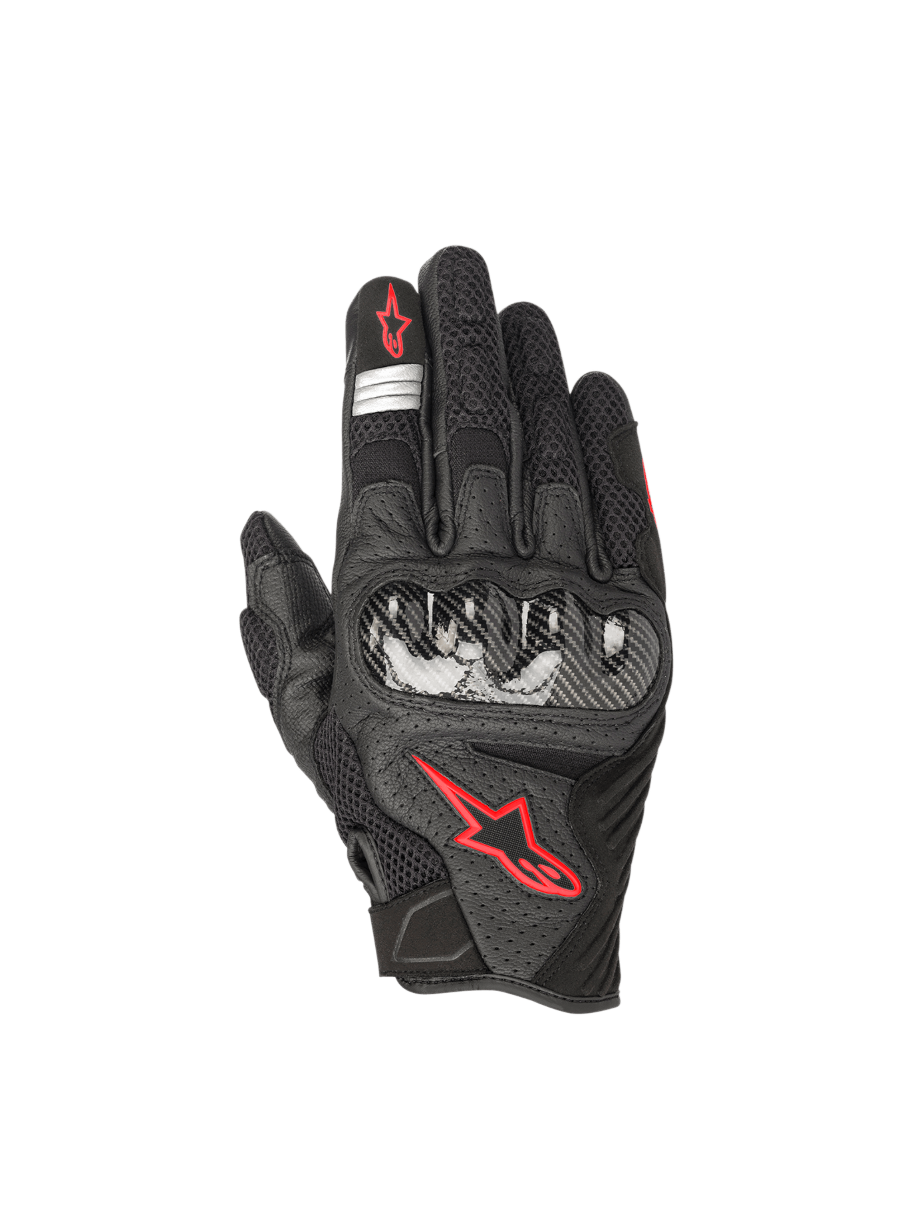 Alpinestars SMX-1 Air V2 Gloves, black and red fluo motorcycle road gloves with leather mesh and hard knuckle protection.