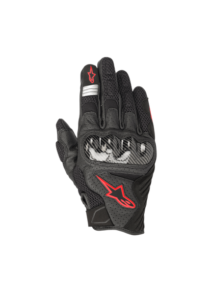 Alpinestars SMX-1 Air V2 Gloves, black and red fluo motorcycle road gloves with leather mesh and hard knuckle protection.