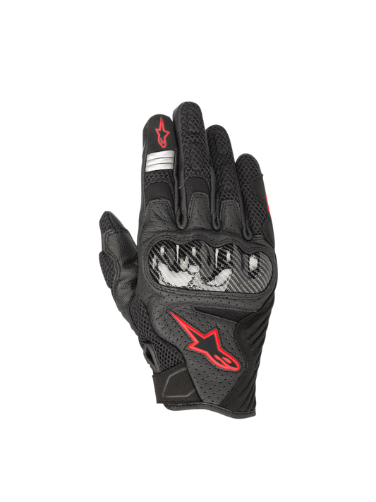Alpinestars SMX-1 Air V2 Gloves, black and red fluo motorcycle road gloves with leather mesh and hard knuckle protection.
