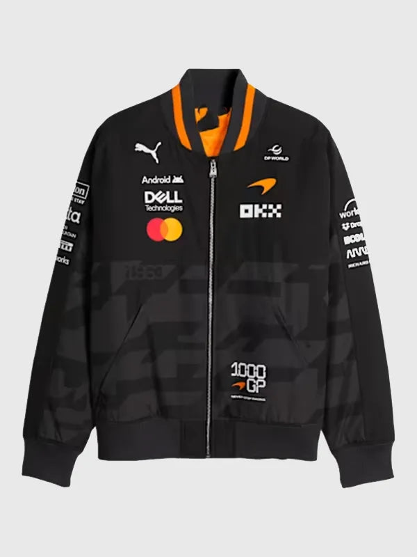 Puma Mclaren RACING 1000th Grand Prix Bomber Jacket Bomber Jacket unisex front product view | Dash Racegear — Puma McLaren 2026 black bomber jacket, unisex 1000th Grand Prix design for modern sporty outfits.