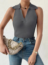 Summer V - Neck Ribbed Knit Crop Top - Sleeveless Turndown Collar in 10 Colors - Dark Grey - 42275247751237