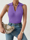 Summer V - Neck Ribbed Knit Crop Top - Sleeveless Turndown Collar in 10 Colors - Purple - 42275247947845