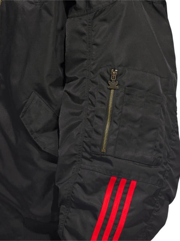 Adidas x Willy Chavarria Satin Bomber Jacket Bomber Jacket unisex detail view 4 | Dash Racegear — Adidas x Willy Chavarria 2025 Unisex Black Satin Bomber Jacket combining lightweight satin and classic bomber design for unisex wear.
