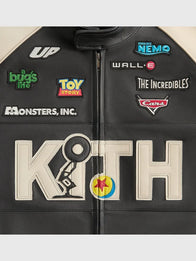 Disney x Kith for Pixar Dejan Leather Jacket Leather Jacket unisex detail view 3 | Dash Racegear — Pixar Disney x Kith Dejan leather jacket, sleek black/cream design, perfect for fan collections or outings.