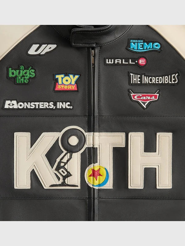 Disney x Kith for Pixar Dejan Leather Jacket Leather Jacket unisex detail view 3 | Dash Racegear — Pixar Disney x Kith Dejan leather jacket, sleek black/cream design, perfect for fan collections or outings.