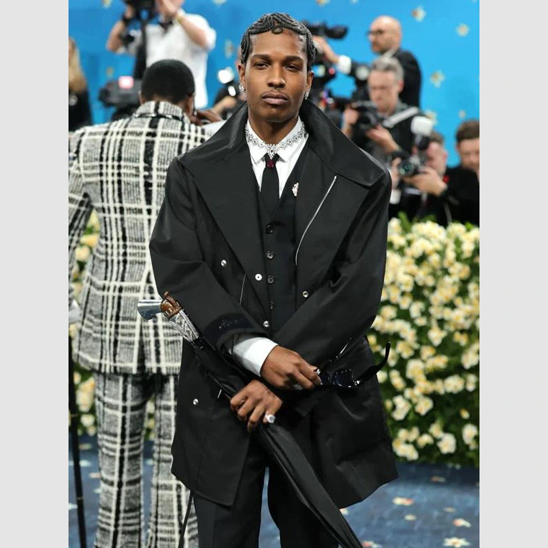 2025 Met Gala ASAP Rocky Black Coat Coat unisex front product view | Dash Racegear — High Fashion Black Coat – ASAP Rocky 2025 Met Gala Outfit