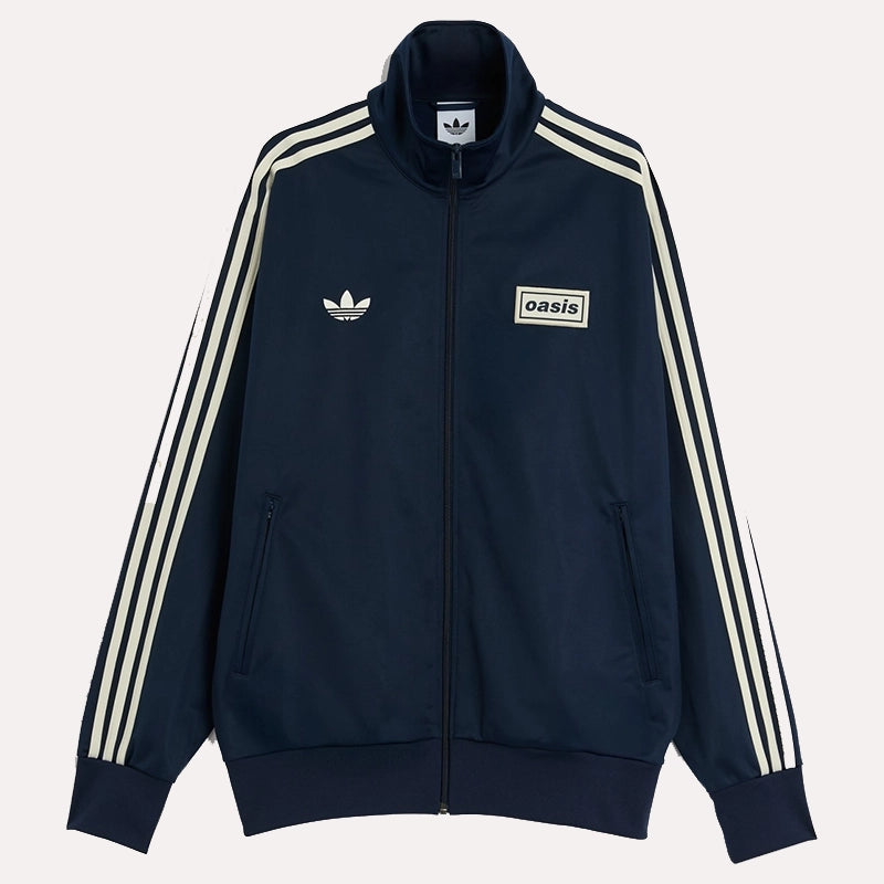 Adidas x Oasis Navy Blue Track Jacket Jacket unisex front product view | Dash Racegear — Bold & Clean – Navy Blue Oasis Track Jacket by Adidas
