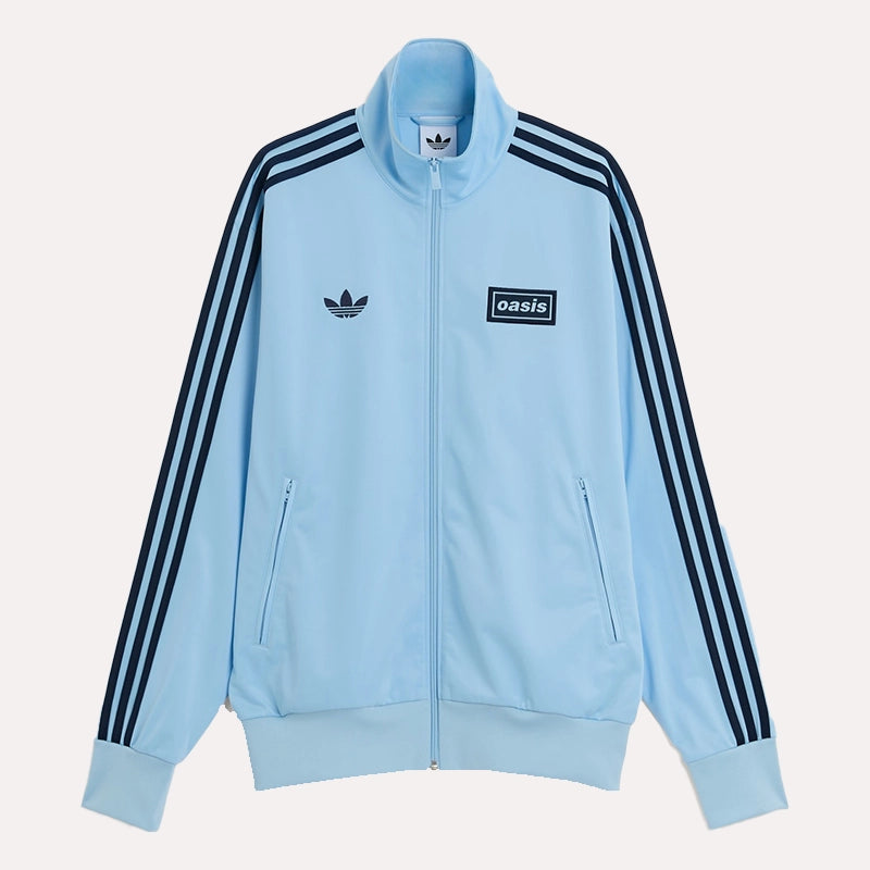 Adidas x Oasis Sky Blue Track Jacket Jacket unisex front product view | Dash Racegear — Oasis x Adidas – Bold Track Jacket Streetwear Vibe