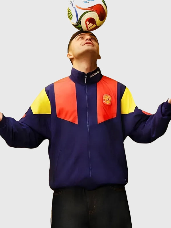 Adidas Backyard Legends 2026 Pedri Spain Jacket Jacket unisex front product view | Dash Racegear — Adidas Backyard Legends Pedri Spain 2026 jacket blends football culture with a sharp, minimal sportswear silhouette.