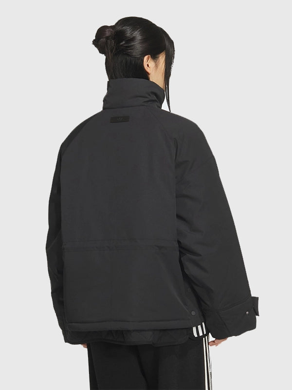 Adidas 3S Black Padded Jacket Jacket unisex detail view 3 | Dash Racegear — Recreated Adidas premium 3-Stripes black padded jacket in an oversized silhouette offering warmth and streetwear appeal