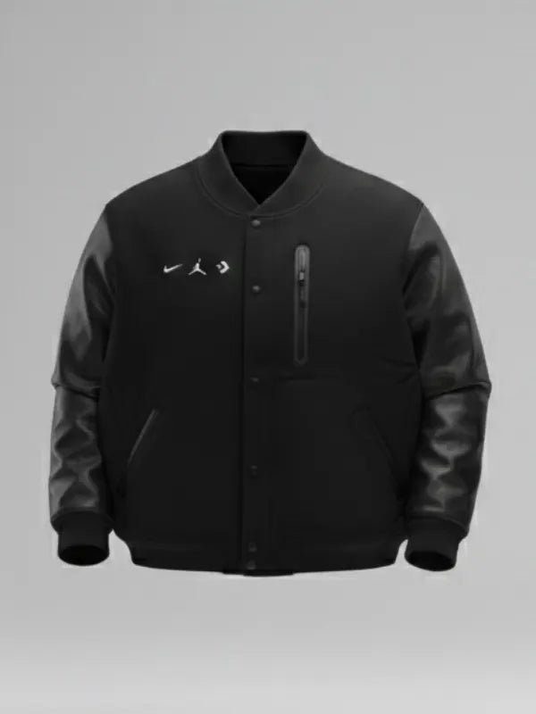 2026 All Star Nike Varsity Jacket Varsity Jacket unisex front product view | Dash Racegear — Bold black Nike All‑Star 2026 varsity jacket with snap front and embroidered graphics to show fan energy.