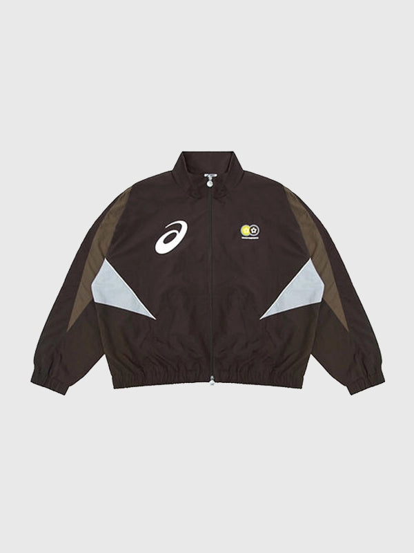 VTP x Asics Track Jacket Jacket unisex detail view 2 | Dash Racegear — Brown Asics x Vandy The Pink 2026 zip-up track jacket crafted for lightweight comfort and versatile casual fashion.