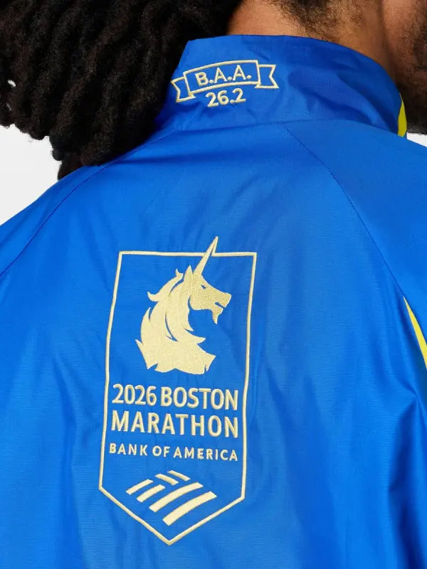 Boston Marathon Jacket 2026 Jacket unisex detail view 6 | Dash Racegear — Limited release 2026 Boston Marathon jacket by Adidas Recreation, blue full-zip athletic jacket, designed for marathon runners and fitness enthusiasts.