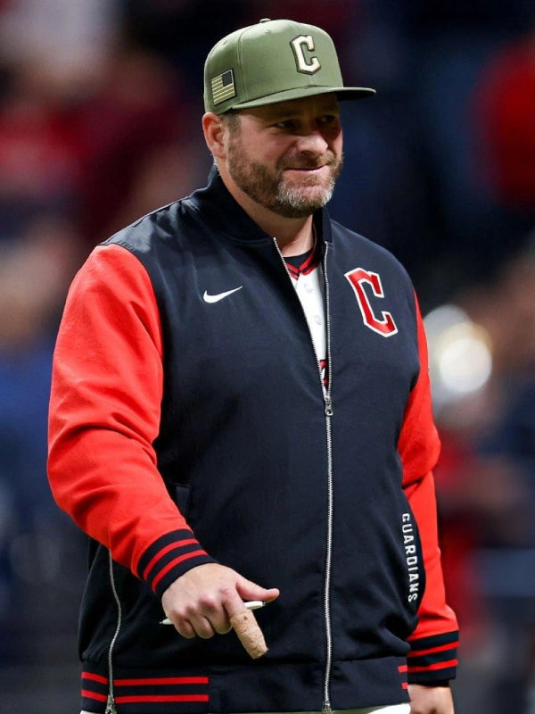 Cleveland Guardians 2026 Dugout Jacket Jacket unisex front product view | Dash Racegear — 2026 Cleveland Guardians Navy & Red Dugout Full-Zip Bomber Jacket featuring bold team colors and smooth sporty finish.