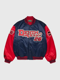 Denim Tears Baseball Varsity Jacket Varsity Jacket unisex front product view | Dash Racegear — Denim Tears 2026 baseball satin varsity jacket in navy and red, perfect for stylish layering.