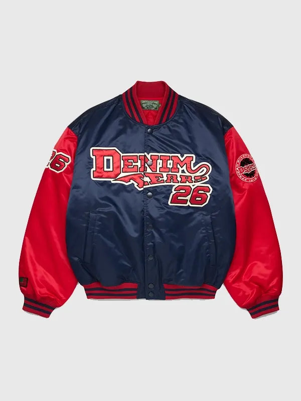 Denim Tears Baseball Varsity Jacket Varsity Jacket unisex front product view | Dash Racegear — Denim Tears 2026 baseball satin varsity jacket in navy and red, perfect for stylish layering.