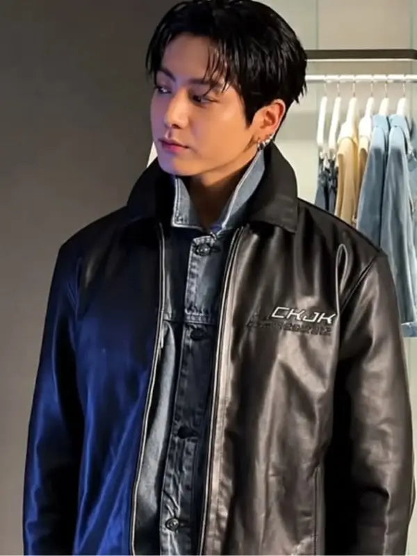 Jungkook CK JK Leather Jacket Leather Jacket unisex detail view 4 | Dash Racegear — side image of 2026 Jungkook CK JK Black Leather Jacket