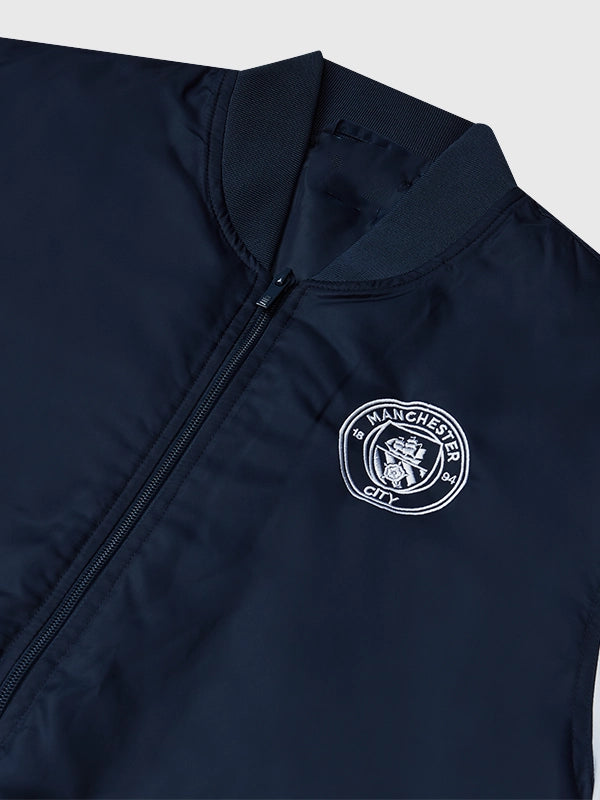 Manchester City Varsity Bomber Jacket Bomber Jacket unisex detail view 3 | Dash Racegear — Front image of 2026 Manchester City Varsity Bomber Jacket Navy and White