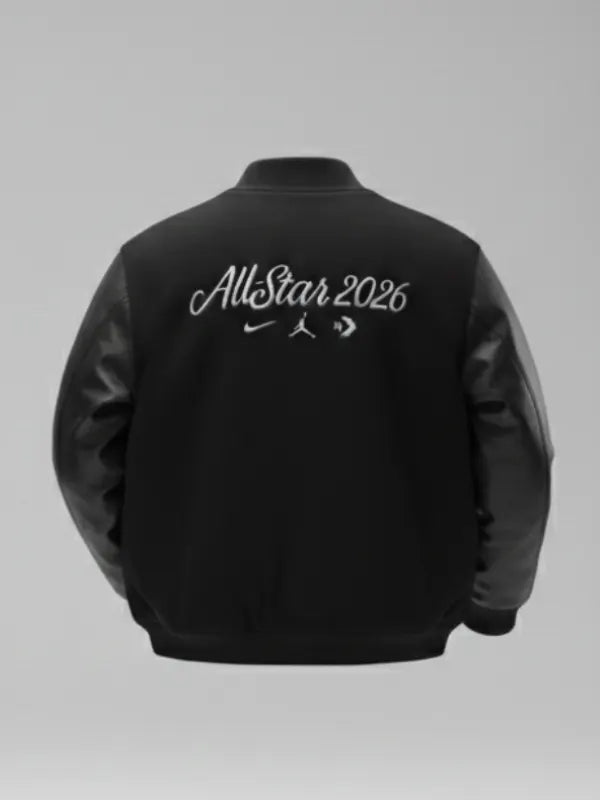 2026 All Star Nike Varsity Jacket Varsity Jacket unisex detail view 2 | Dash Racegear — Nike All‑Star Game 2026 black varsity jacket with relaxed silhouette and stitched details for hoops culture.