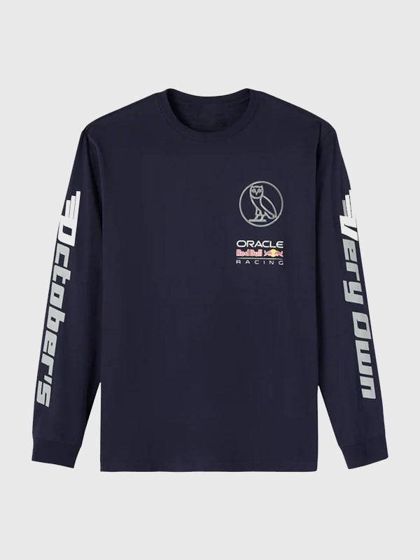 OVO x Oracle Red Bull Racing 2026 Long-Sleeve T-shirt Shirt unisex front product view | Dash Racegear — OVO x Oracle Red Bull Racing RB21 Navy Long Sleeve T-Shirt 2026 featuring clean motorsport-inspired design and soft comfort.