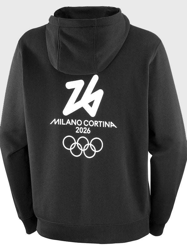 Milano Cortina 2026 Olympics Salomon Logo Graphic Hoodie Hoodie unisex detail view 3 | Dash Racegear — Black Milano Cortina 2026 Olympics hoodie with Salomon logo, ideal for cheering on Team USA or casual streetwear.