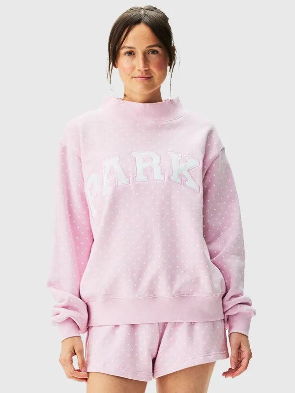 Parke Polka Dot Varsity Mockneck Sweatshirt Sweatshirt unisex front product view | Dash Racegear — Pink Parke 2026 Polka Dot Varsity mockneck fleece sweatshirt crafted for cozy comfort and versatile casual fashion.